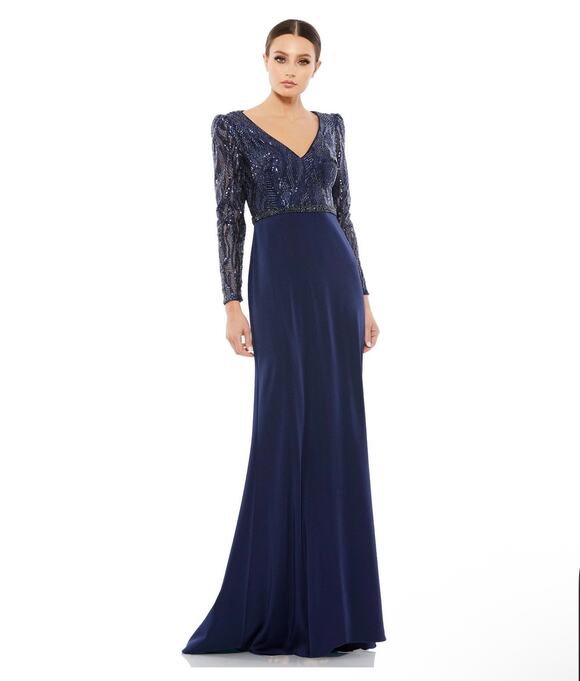 Mac Duggal Dresses & Skirts - Mac Duggal Navy Embellished Long Sleeve Wrap Over Trumpet Gown Sz 18